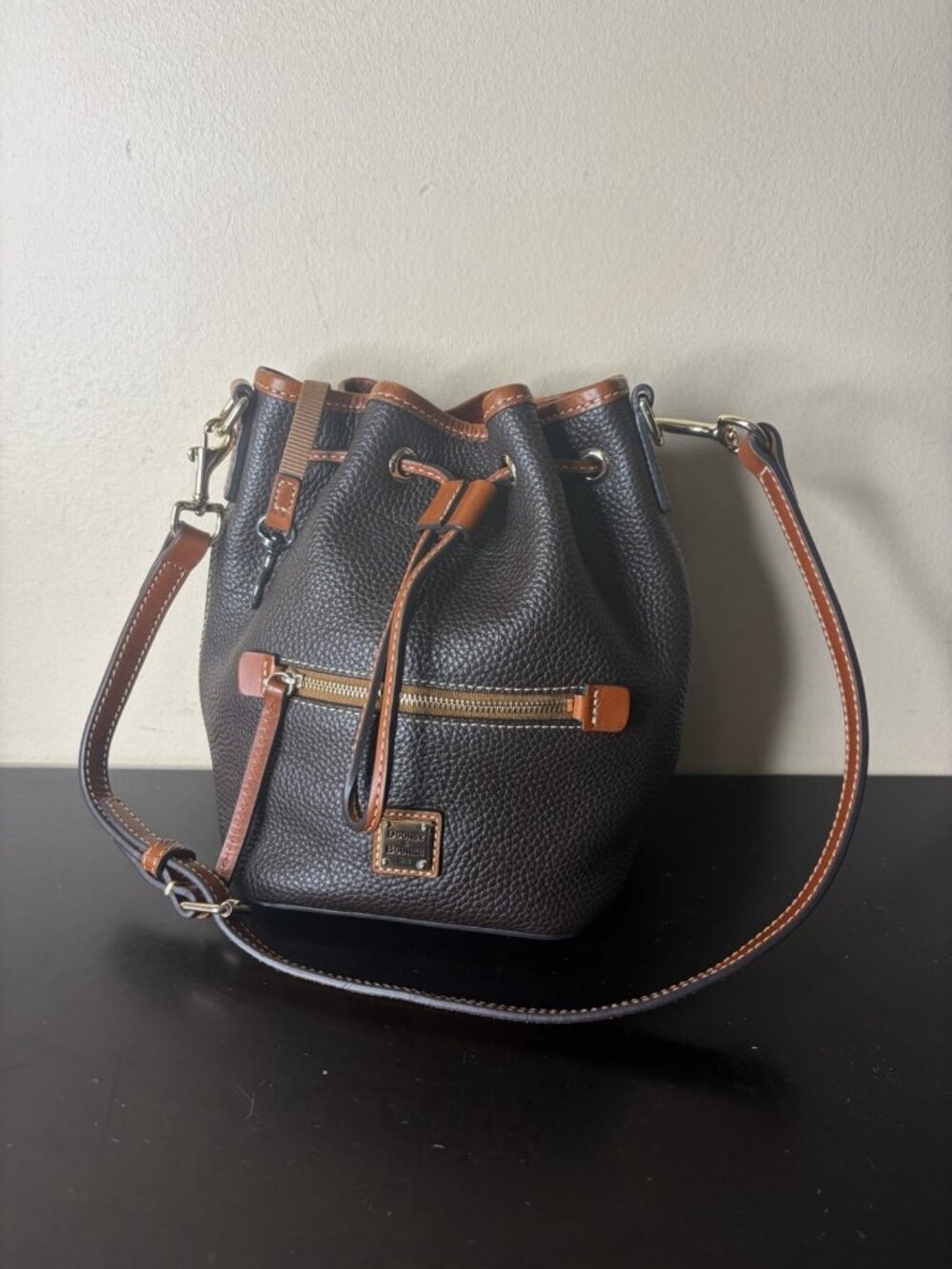 Dooney & Bourke Drawstring Bucket Shoulder Bag black pebble leather Small